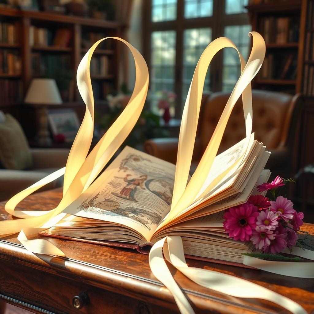 A whimsical image of an open book with long, flowing pages that appear to be cascading outwards like ribbons in the wind