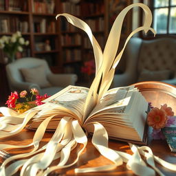 A whimsical image of an open book with long, flowing pages that appear to be cascading outwards like ribbons in the wind