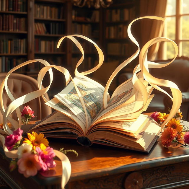 A whimsical image of an open book with long, flowing pages that appear to be cascading outwards like ribbons in the wind