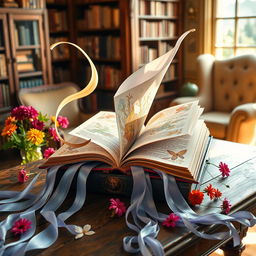 A whimsical image of an open book with long, flowing pages that appear to be cascading outwards like ribbons in the wind