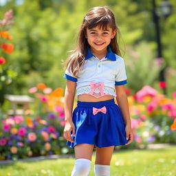 A young girl wearing a very short royal blue pleated skirt, a white polo shirt with blue collar and sleeve hems, white knee-high socks, and a white lace-edged bikini-style underwear with a pink bow in the front