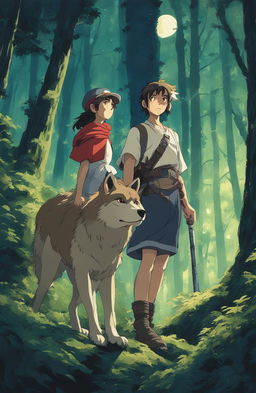 Detailed Princess Mononoke poster in Studio Ghibli style featuring Ashitaka and San in a dense forest under a moonlit sky