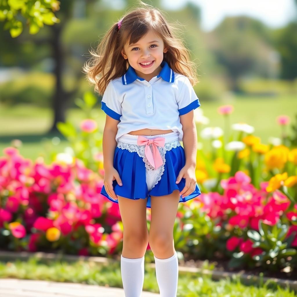 A young girl wearing a very short royal blue pleated skirt, a white polo shirt with blue collar and sleeve hems, white knee-high socks, and a white lace-edged bikini-style underwear with a pink bow in the front