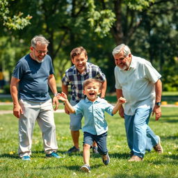 A young boy in a playful atmosphere, surrounded by several older men who are caring and supportive figures