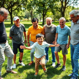 A young boy in a playful atmosphere, surrounded by several older men who are caring and supportive figures