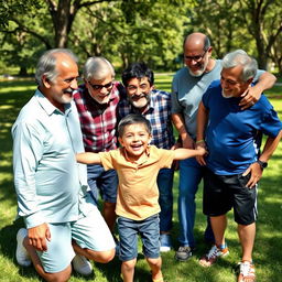 A young boy in a playful atmosphere, surrounded by several older men who are caring and supportive figures