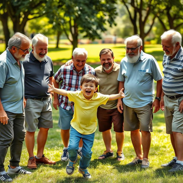 A young boy in a playful atmosphere, surrounded by several older men who are caring and supportive figures