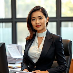A beautiful 30-year-old Indonesian woman with large breasts, of Central Asian descent, dressed in elegant bureaucratic attire suitable for a government office