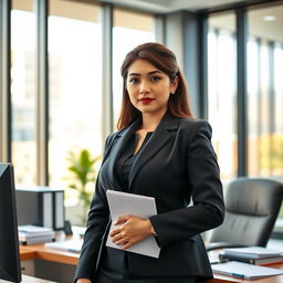A beautiful 30-year-old Indonesian woman with large breasts, of Central Asian descent, dressed in elegant bureaucratic attire suitable for a government office