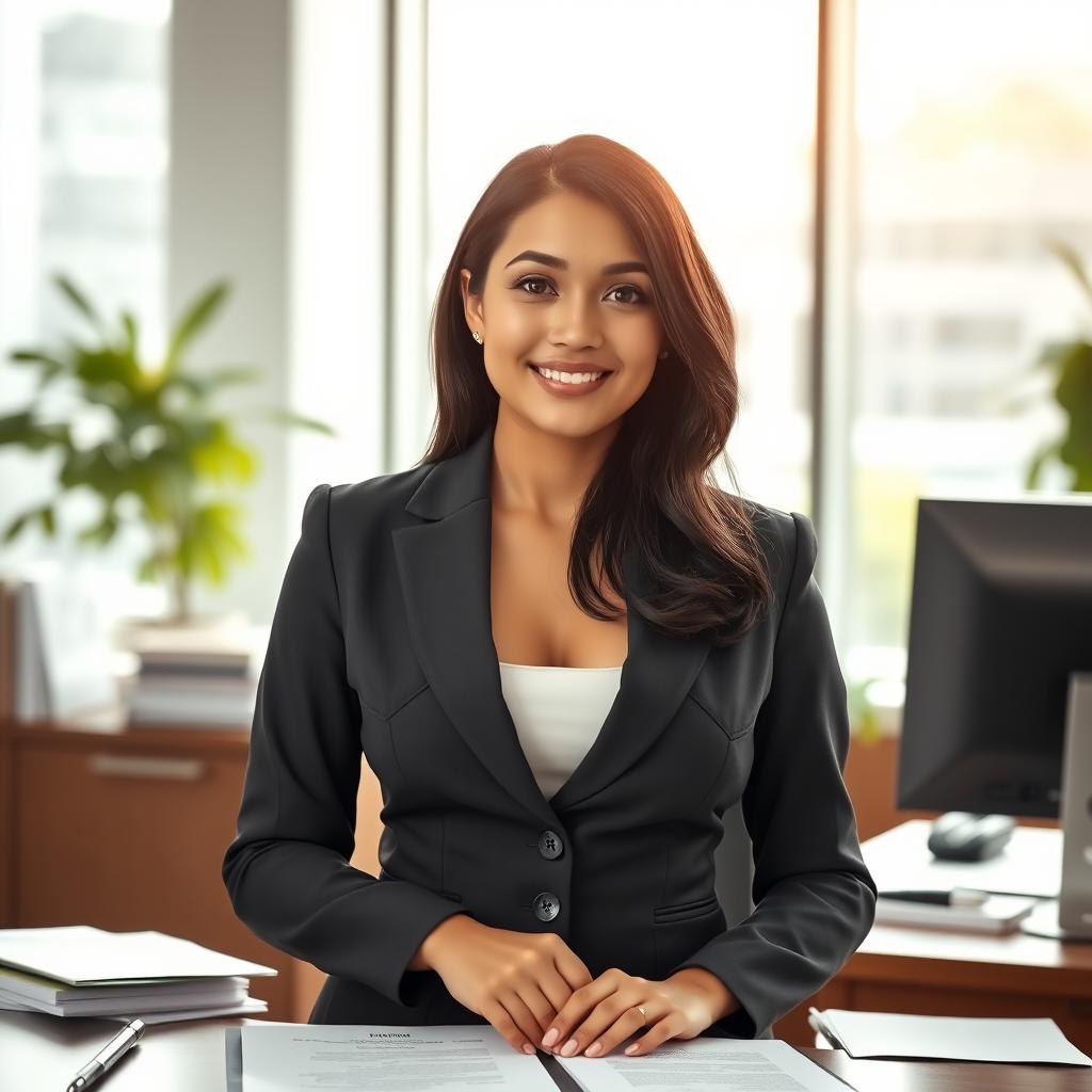 A beautiful 30-year-old Indonesian woman with large breasts, of Central Asian descent, dressed in elegant bureaucratic attire suitable for a government office