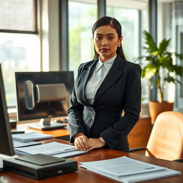 A beautiful 30-year-old Indonesian woman with large breasts, of Central Asian descent, dressed in elegant bureaucratic attire suitable for a government office