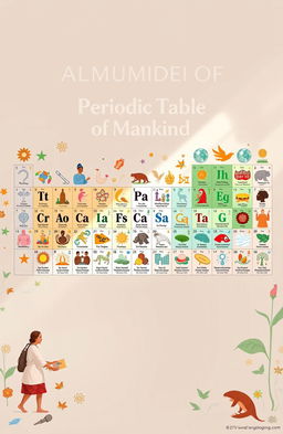A visually engaging and artistic representation of the 'Periodic Table of Mankind', featuring various cultural symbols, historical figures, and global contributions from different civilizations arranged in a grid format similar to the periodic table of elements