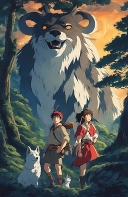 Detailed Princess Mononoke poster in Studio Ghibli style featuring Ashitaka and San in a dense forest under a moonlit sky