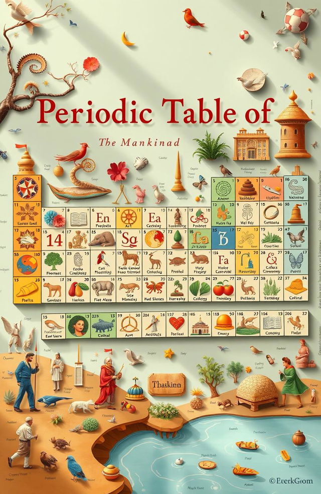 A visually engaging and artistic representation of the 'Periodic Table of Mankind', featuring various cultural symbols, historical figures, and global contributions from different civilizations arranged in a grid format similar to the periodic table of elements