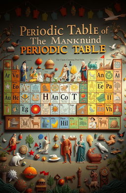 A visually engaging and artistic representation of the 'Periodic Table of Mankind', featuring various cultural symbols, historical figures, and global contributions from different civilizations arranged in a grid format similar to the periodic table of elements