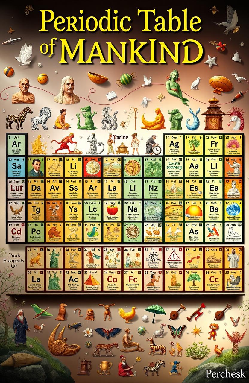 A visually engaging and artistic representation of the 'Periodic Table of Mankind', featuring various cultural symbols, historical figures, and global contributions from different civilizations arranged in a grid format similar to the periodic table of elements