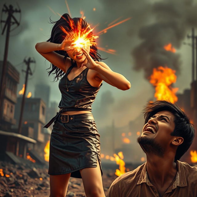 A young Indian girl in a stylish leather skirt, striking a powerful pose as she uses her heat vision powers