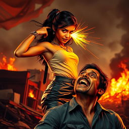 A young Indian girl in a stylish leather skirt, striking a powerful pose as she uses her heat vision powers