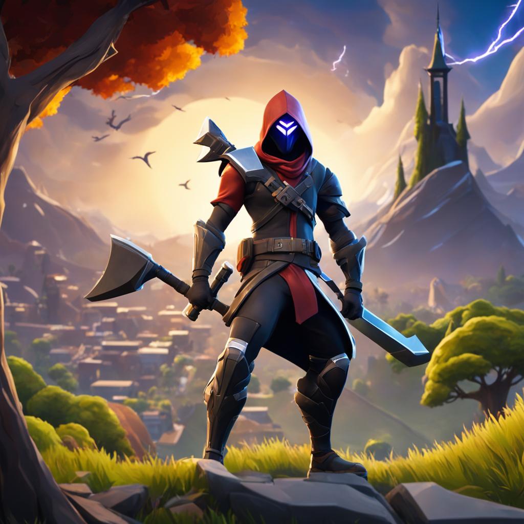 Zed from League of Legends in Fortnite style standing against a backdrop of Tilted Towers and Weeping Woods with a closing storm circle