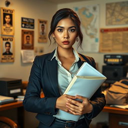 A beautiful 30-year-old Indonesian woman with large breasts, of Central Asian descent, dressed in a stylish yet professional criminal investigator outfit