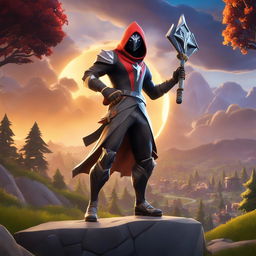 Zed from League of Legends in Fortnite style standing against a backdrop of Tilted Towers and Weeping Woods with a closing storm circle