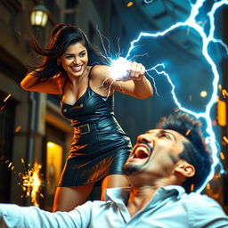 A young Indian girl in a stylish leather skirt, confidently wielding her zapping power as she unleashes a bright electric shock towards a man in the foreground