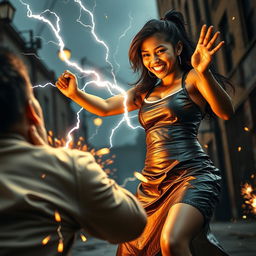 A young Indian girl in a stylish leather skirt, confidently wielding her zapping power as she unleashes a bright electric shock towards a man in the foreground