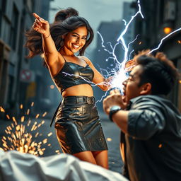A young Indian girl in a stylish leather skirt, confidently wielding her zapping power as she unleashes a bright electric shock towards a man in the foreground