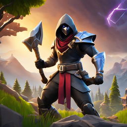 Zed from League of Legends in Fortnite style standing against a backdrop of Tilted Towers and Weeping Woods with a closing storm circle