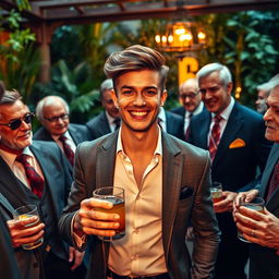 A fashionable young white man with stylish hair and a bright smile surrounded by multiple older, sophisticated gentlemen