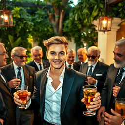 A fashionable young white man with stylish hair and a bright smile surrounded by multiple older, sophisticated gentlemen