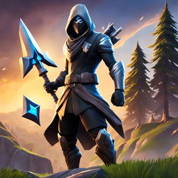 Zed from League of Legends in Fortnite style standing against a backdrop of Tilted Towers and Weeping Woods with a closing storm circle