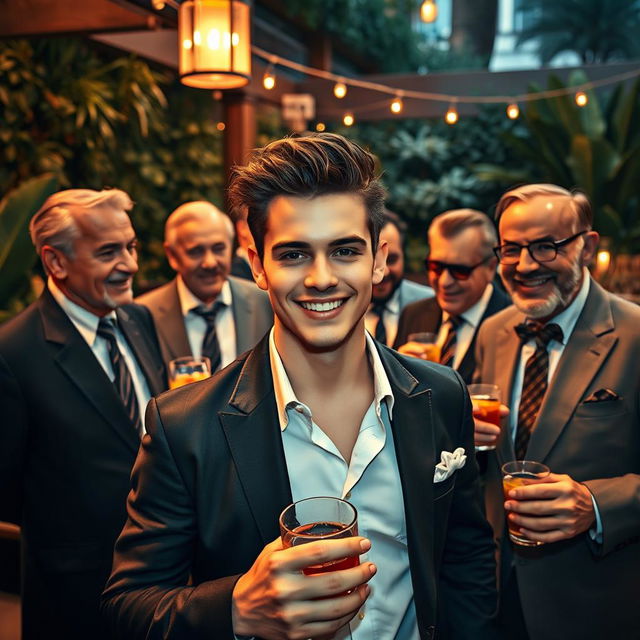 A fashionable young white man with stylish hair and a bright smile surrounded by multiple older, sophisticated gentlemen