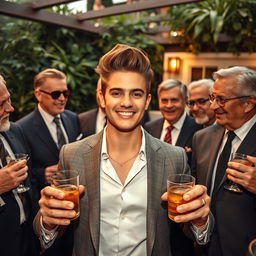 A fashionable young white man with stylish hair and a bright smile surrounded by multiple older, sophisticated gentlemen