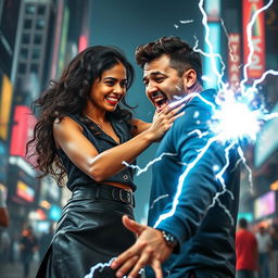 A young Indian girl in a fashionable leather skirt, confidently channeling her zapping power towards a man in front of her