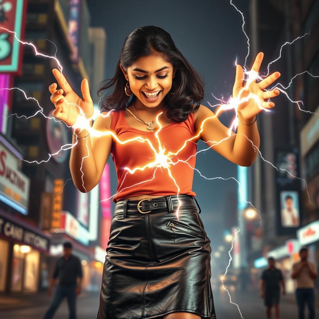 A young Indian girl in a fashionable leather skirt, confidently channeling her zapping power towards a man in front of her