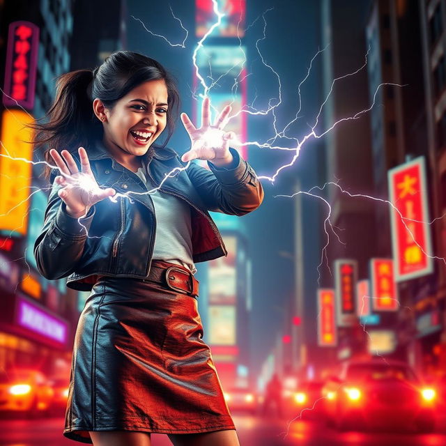 A young Indian girl in a fashionable leather skirt, confidently channeling her zapping power towards a man in front of her