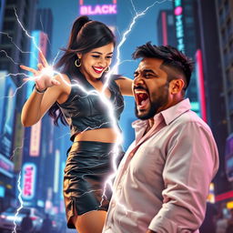 A young Indian girl in a fashionable leather skirt, confidently channeling her zapping power towards a man in front of her