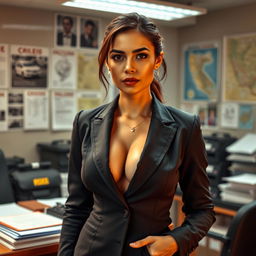 A stunning 30-year-old Indonesian woman with large breasts, of Turkish descent, dressed in a sleek and professional criminal investigator suit