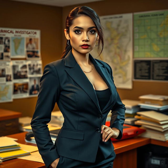 A stunning 30-year-old Indonesian woman with large breasts, of Turkish descent, dressed in a sleek and professional criminal investigator suit