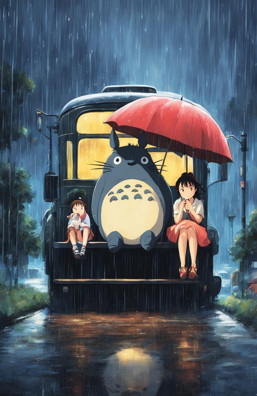 Detailed My Neighbor Totoro poster in Studio Ghibli style featuring Satsuki, Mei and Totoro at a bus stop under a rain-soaked sky