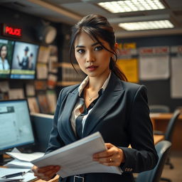A stunning 30-year-old Indonesian woman with large breasts, of European descent, dressed in a sharp and professional criminal investigator outfit