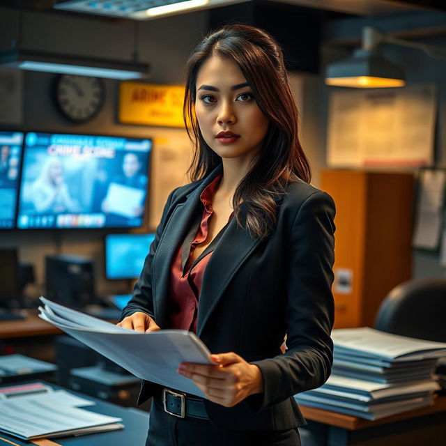 A stunning 30-year-old Indonesian woman with large breasts, of European descent, dressed in a sharp and professional criminal investigator outfit