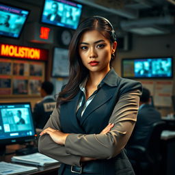 A stunning 30-year-old Indonesian woman with large breasts, of European descent, dressed in a sharp and professional criminal investigator outfit