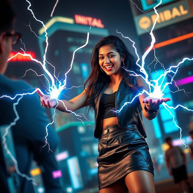 A young Indian girl in a trendy leather skirt, confidently unleashing her zapping power towards a man in the foreground