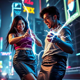 A young Indian girl in a trendy leather skirt, confidently unleashing her zapping power towards a man in the foreground