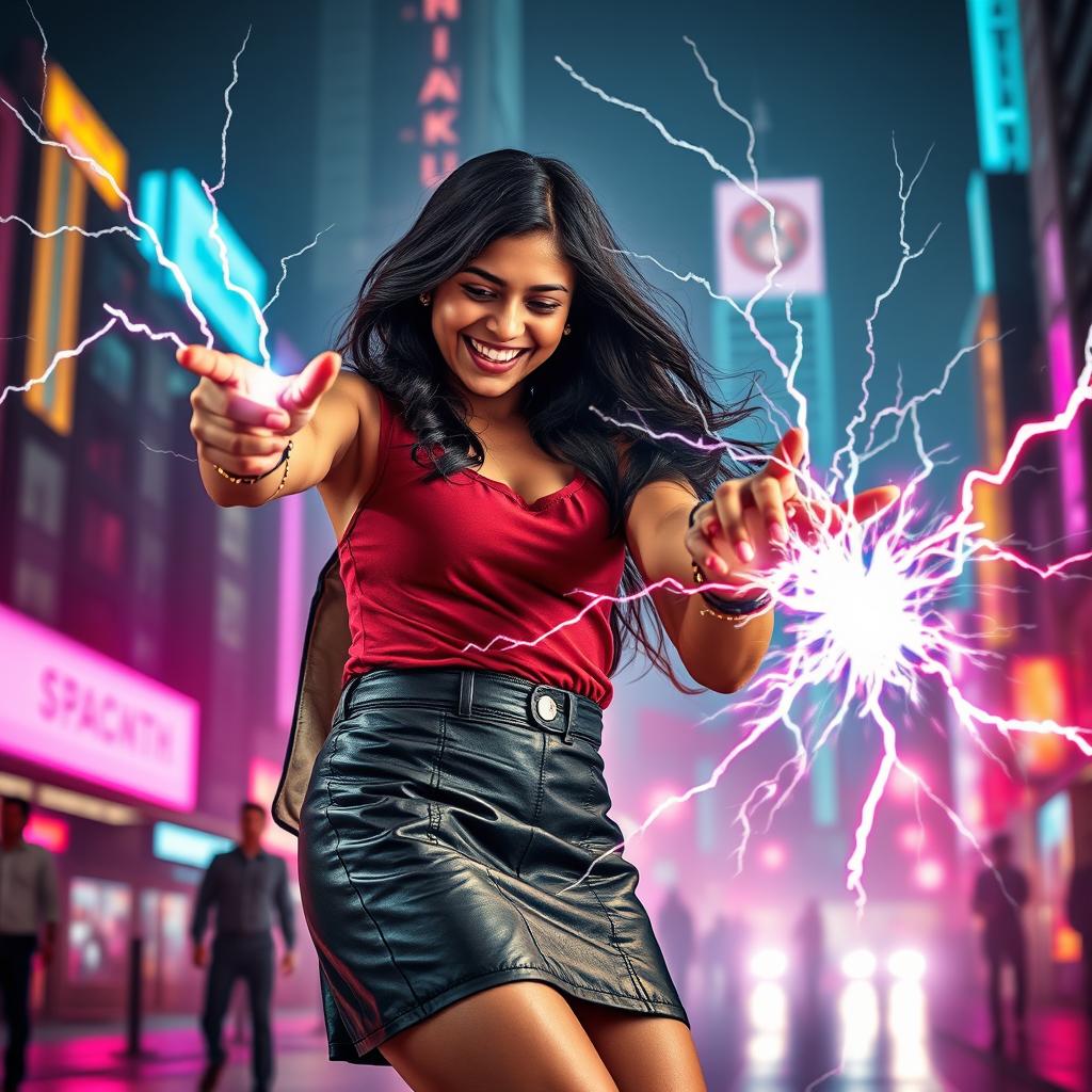 A young Indian girl in a trendy leather skirt, confidently unleashing her zapping power towards a man in the foreground