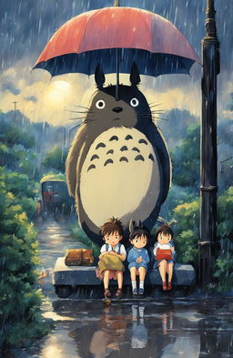 Detailed My Neighbor Totoro poster in Studio Ghibli style featuring Satsuki, Mei and Totoro at a bus stop under a rain-soaked sky