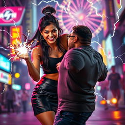 A young Indian girl wearing a sleek leather skirt, energetically using her zapping power against a man who is visibly shocked and screaming