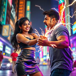 A young Indian girl wearing a sleek leather skirt, energetically using her zapping power against a man who is visibly shocked and screaming